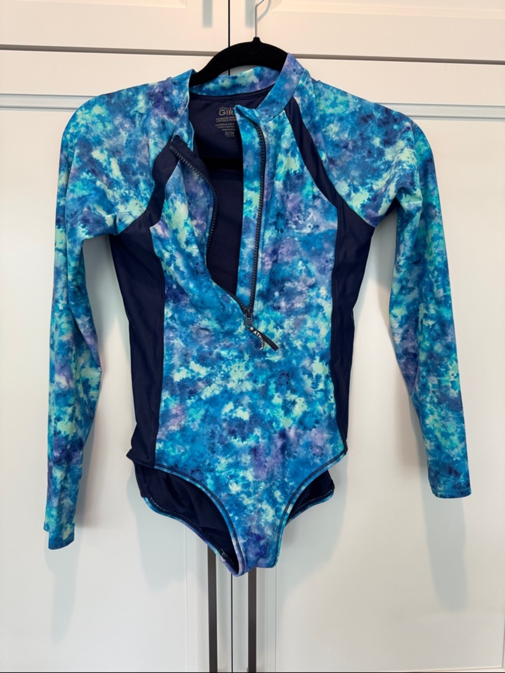 Athleta Blue Tie-Dye Long Sleeve One-Piece Swimsuit with Navy Panels